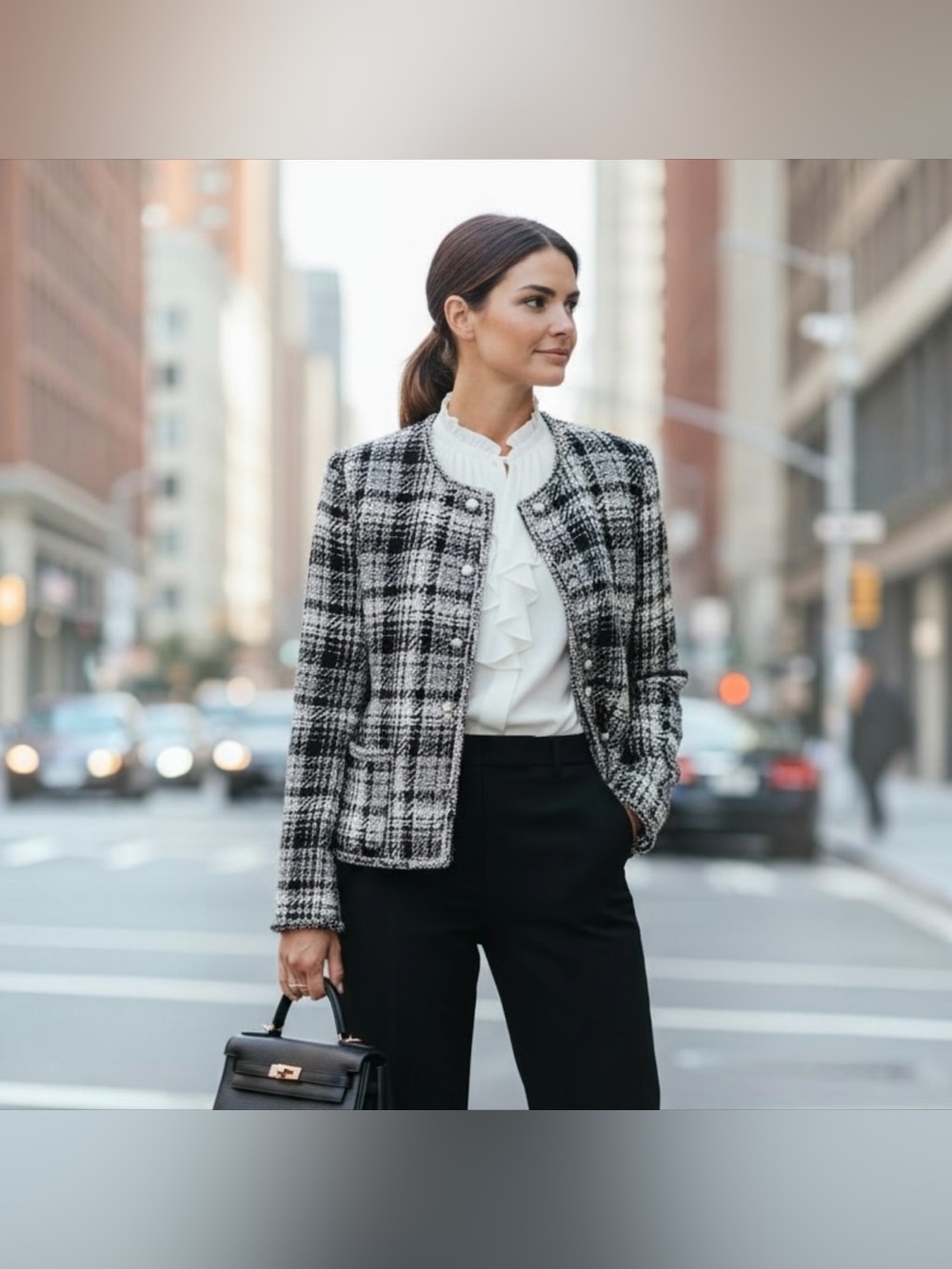 ADRIANNA PAPELL Black White Tweed Boulce Blazer Jacket Small Old Money Parisian - Picture 11 of 11